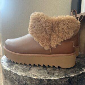 UGG Alina Ulra Mini Chestnut Brown Shearling-Trim Ankle Platform Booties